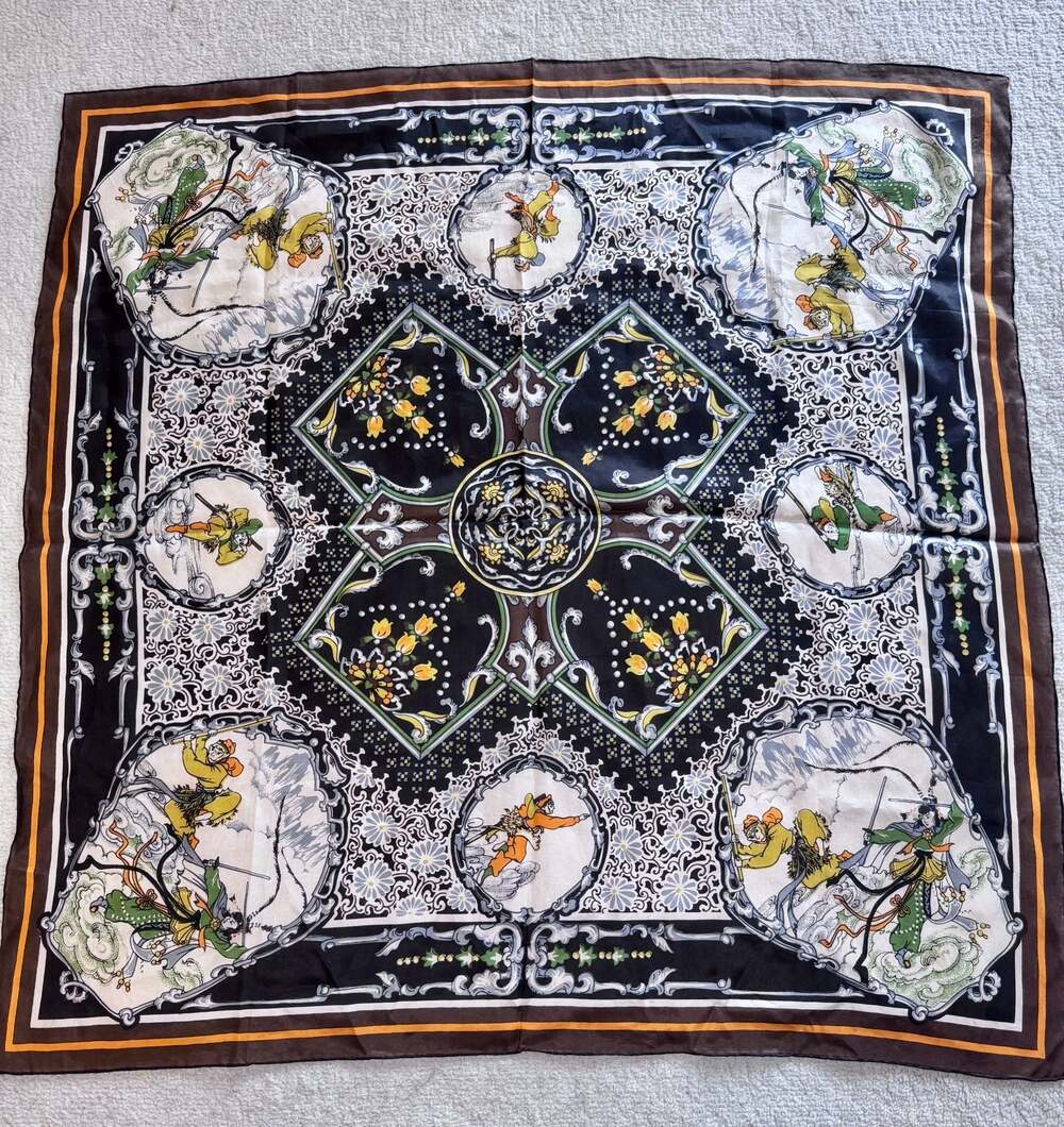Vintage Silk Square Scarf with Asian Warrior and Baroque Floral Print